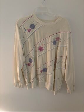 Alfred Dunner Cream Sweater with Pink & Purple Floral Embroidery